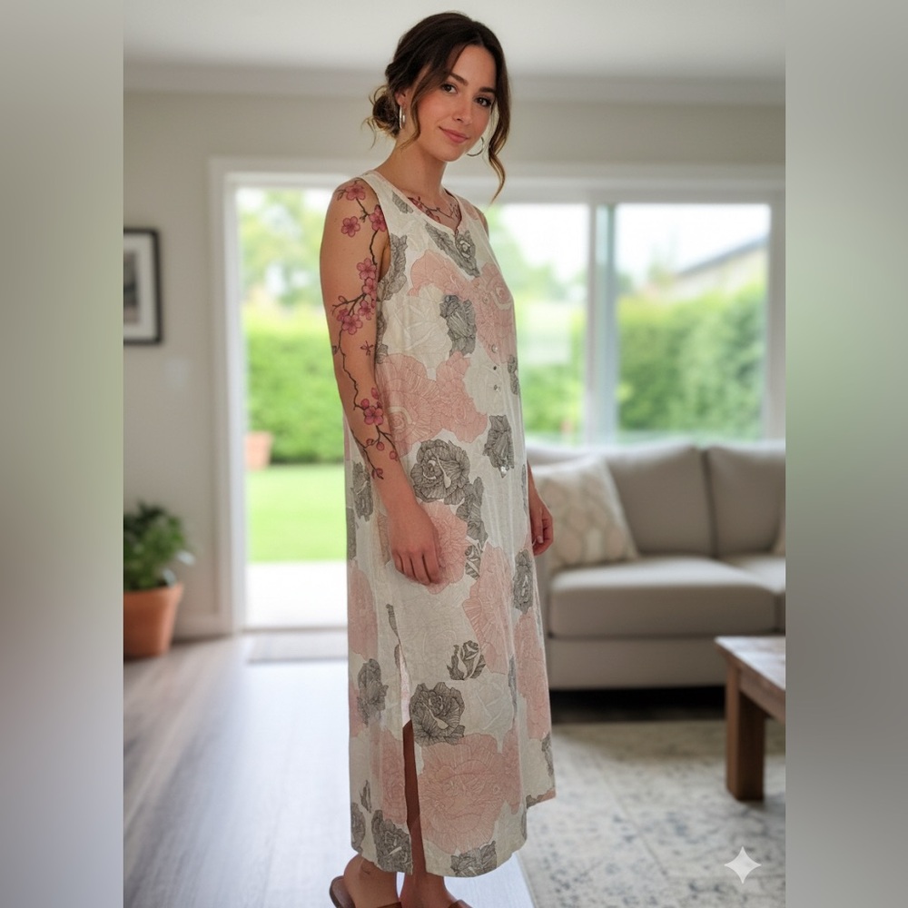 EUC Joan Vass 100% Linen Floral Print Sleeveless Sheath Dress with Slits Large